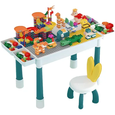 Produktbild von Doppelseitiger Spieltisch mit 101 Bausteinen, Höhenverstellbarer Tisch für Kinder + Mini-Stuhl - KOCLINKACHAIR