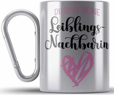 Produktbild von Trendation - Beste Nachbarin Der Welt Edelstahl Tasse Karabiner Geschenk Lustig Abschied Abschiedsgeschenk (Silber)
