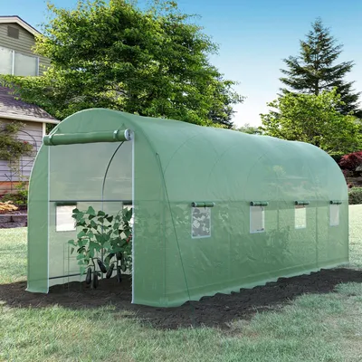 Produktbild von Tunnel-Gewächshaus begehbar, Foliengewächshaus Tomatenhaus, verzinkter Stahlrahmen, Grün | 500 x 200 x 205 cm | 8 Netzfenster | Erdanker