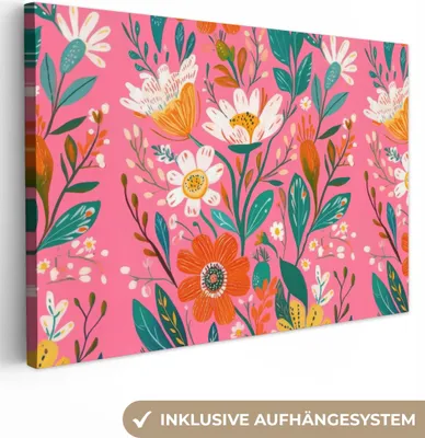 Produktbild von Leinwand Bilder 90x60 cm - Eklektisch - Blumen - Weiß - Rosa, Bild Modern, Wanddeko, Gemälde