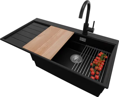 Produktbild von PRIMAGRAN Granitspüle Schwarz 90x50cm, Spülbecken 1 Becken + Küchenarmatur 32x20cm + Ablauf-Set + Küchenzubehörset, Küchenspüle ab 60er Unterschrank - Sydney