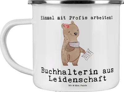 Produktbild von Mr. & Mrs. Panda Pott Buchhalterin Leidenschaft - Weiß - Geschenk, Teebecher, Beruf, Angestellte, Haferl, Teetasse, Buchhalter, Spruch, Emaille Becher, Witzig, Tasse