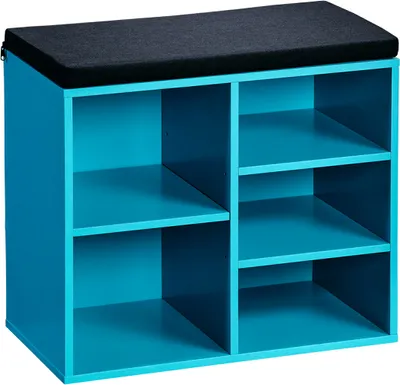 A turquoise shoe cabinet with a black seat cushion on top, shown against a white background.