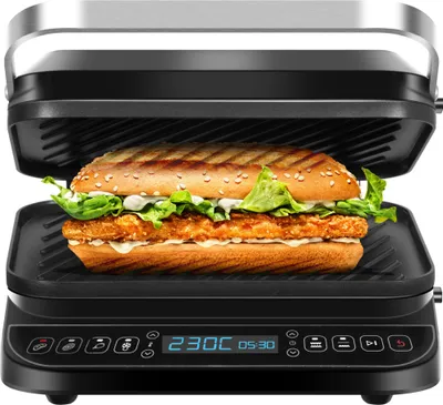 Produktbild von TurboTronic Kontaktgrill - CG900 - abnehmbare Grillplatten, LCD-Display, digital, 180° Öffnung, Tischgrill, Paninimaker, Elektrogrill, Steak- und Burgergrill, Silber Silber
