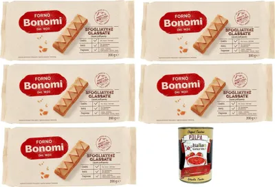 Produktbild von Forno Bonomi Sfogliatine Glassate, kekse, biscuits, Blätterteig mit zuckerhaltiger Glasur 5x 200g + Italian Gourmet polpa 400g