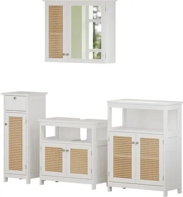 A set of white bathroom furniture with cane accents, including a wall cabinet, a tall cabinet, and two lower cabinets.
