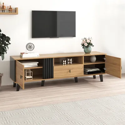 Produktbild von STILVORA TV-Schrank mit Holz- und Schwarzdesign,Lowboard mit Schubladen,TV-Möbel mit Vielfältige Aufbewahrungsfunktionen
