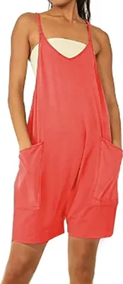 Produktbild von ASKSA Damen Jumpsuit Sommer Ärmellos Kurz Latzhose Overall Casual Baggy Hosenanzug Playsuit Shorts Trägerhose, Rot, XL