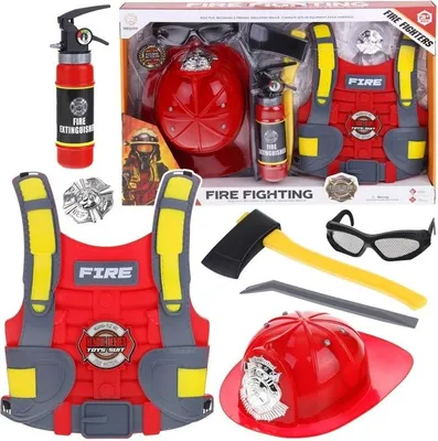 A collection of firefighter toy accessories laid out on a white background.