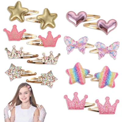 Produktbild von Set mit 16 Haarspangen für Mädchen: Krone, Stern, Herz, Schmetterling, Glitzerhaarspangen, Metallhaarnadeln mit Schnappverschluss, niedliche Haaraccessoires für Kleinkinder, Kinder und Frauen.