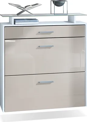 Produktbild von Vladon Schuhschrank Malea, hängender Schuhkipper für 16 Paar Schuhe mit 2 Klappen und 1 Schublade und Glasablage, Weiß matt/Sandgrau Hochglanz (89 x 96 x 23 cm)