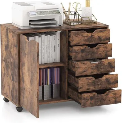 Productafbeelding van Rolcontainer met wieltjes en 5 laden - Kantoorwagen, ladekast, en printerstandaard - Hout, Wit - 79 x 39 x 65 cm
