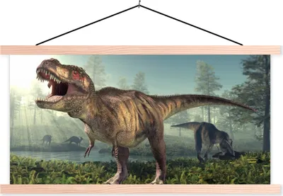 Produktbild von MuchoWow® Textilposter Dino - Gras - Zeichnung - Kinder - Jungen 60x30 cm mit holzfarbenen Rahmen - Dekoration
