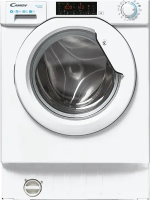 A front view of a white Candy washing machine.