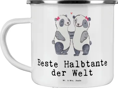 Produktbild von Mr. & Mrs. Panda Emaille Tasse Panda Beste Halbtante der Welt - Weiß - Geschenk, Geschenkidee, Stiefgeschwister, Campingbecher, Becher, Pott, Teetasse, Tante, Kleinigkeit