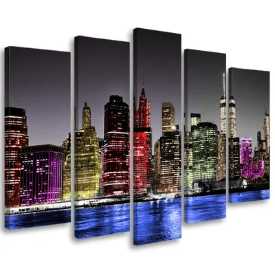 Produktbild von 5-teiliges leinwandbild architektur new york nacht 200x100 cm Feeby farbe wandbild bereit zum aufhängen