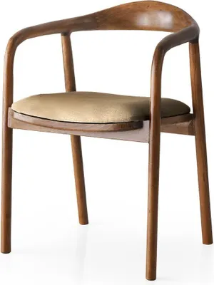A studio shot of a wooden chair with a tan seat.