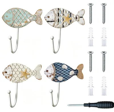Wandhaken aus Holz, Fischmotiv, 4er-Set, 2,54 cm, für Schlüssel & Handtücher