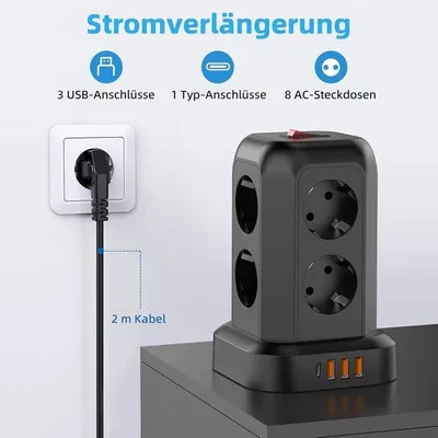 Obrázek produktu pro Zásuvková lišta s vypínačem, 3 USB porty, 1 USB-C port, 2 metrový prodlužovací kabel, více zásuvek, ochrana proti přepětí pro domácí použití