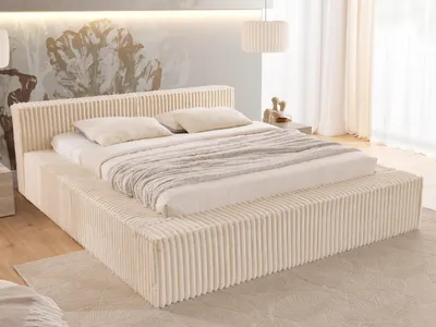 Produktbild von Noord - Modernes Polsterbett 140x200 aus Hellbeige Plüschcord mit Lattenrost und großem Bettkasten