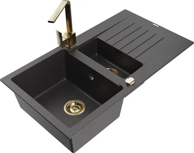 Produktbild von Mexen Matias 1,5-Becken-Granitspüle mit Abtropffläche und Mischbatterie Rita, Schwarz gesprenkelt - 6502-76-670300-50