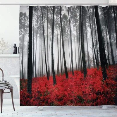 Produktbild von Holzbadezimmerdeko - Mystische Waldlandschaft - 175 x 240 cm - Schwarz Rot Grau