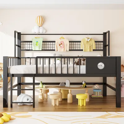 Image de Lit d'enfant 90 x 200 cm, lit mezzanine bas avec structure métallique et rangements, noir