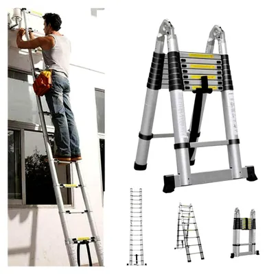Produktbild von 5 m Aluminium Teleskopleiter, rutschfeste Doppelseite, 2,5 m + 2,5 m, Klappleiter, Mehrzweckleiter, 150 kg Tragfähigkeit - von 86 cm bis 500 cm