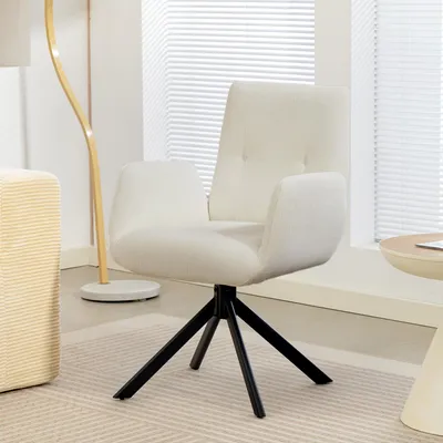 Produktbild von Polstersessel drehbar 360° Knopfheftung Polyester, Drehsessel Akzentsessel Loungesessel, Cremeweiß | 60 x 61 x 88 cm | bis 120 kg | Stahlbeine
