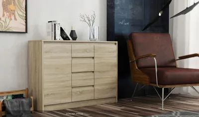 Zdjęcie produktu dla Komoda MALMO 1 DĄB SONOMA – nowoczesna, pojemna i stylowa, 4 pojemne szuflady i 2 boczne szafki z półkami