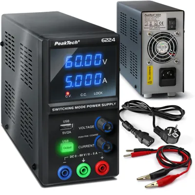Obrázok produktu pre PeakTech P 6224 DC laboratórny napájací zdroj 0–60 V, 0–5 A – regulovateľný spínaný napájací zdroj pre elektroniku, dielne a opravy