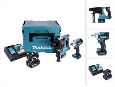 Immagine prodotto di Kit combinato a batteria Makita DLX 2372 TJ Trapano a percussione a batteria DHR 242 + avvitatore a impulsi a batteria DTW 300 + 2x batteria ricaricabile 5,0 Ah + caricabatterie + Makpac