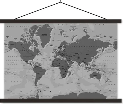 Produktbild von MuchoWow® Textilposter Stabile Weltkarte - schwarz und weiß 150x100 cm mit schwarzem Rahmen - Schlafzimmer