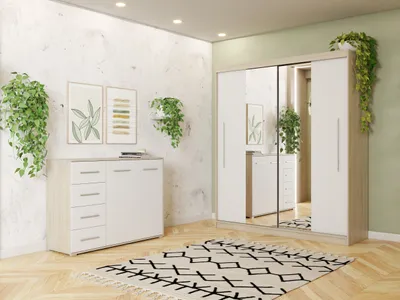 Produktbild von Schwebetürenschrank Kleiderschrank Schrank zweitürig 204 cm Kommode 135 cm und LED Beleuchtung Sonoma/Weiß Torino I Frida 01