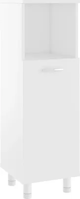A white cabinet with a drawer and an open shelf sits on four white legs.