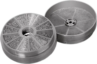 Two charcoal filters for a range hood, one is open to show the charcoal interior.