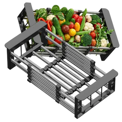 Produktbild von Ausziehbarer Abtropfkorb für Spülbecken, Geschirr, Obst und Gemüse, Schwarz