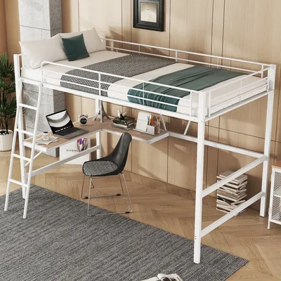 A loft bed with a desk and shelves underneath, set up in a room with wooden floors and a gray rug.