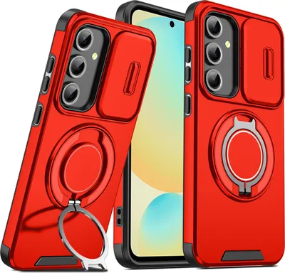 Obrázek produktu pro Dvouvrstvé pouzdro pro Samsung Galaxy S23 FE, s posuvným krytem fotoaparátu a magnetickým kroužkovým stojánkem Červený
