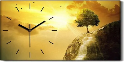 Produktbild von Dekor Leinwand Uhr Wandbilder Geräuschlos 60x30 Landschaft Wasserfall Baum - schwarze Hände