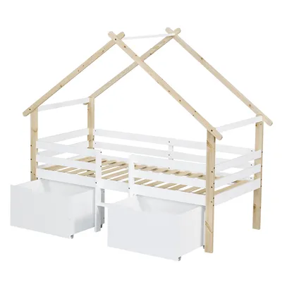 Produktbild von Hausbett mit Lattenrost und Schubladen, Kinderbett mit Rausfallschutz, 90x200 cm, Einzelbett, Jugendbett