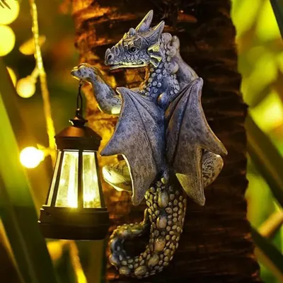 Produktbild von Solar-Drachenlaterne aus Resin mit LED-Licht, wetterfest, für Garten, Balkon und Terrasse – Grau