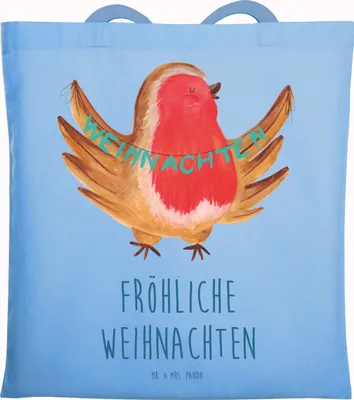 Produktbild von Mr. & Mrs. Panda Tote Bag Rotkehlchen Weihnachten - Sky Blue - Geschenk, Tasche, Weihnachtsgruß, Frohe, Winter, Einkaufstasche, Schultasche, Jutebeutel, Weihnachtsmotiv