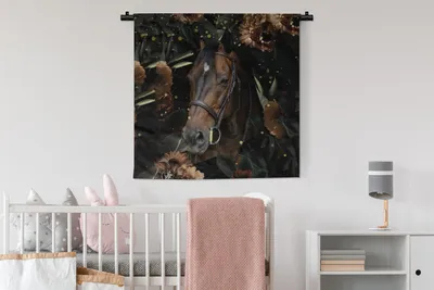 Produktbild von MuchoWow® Wandteppich Wandbehang Pferd - Blumen - Halfter 90x90 cm Tapisserie Dekoration Wandtuch - Wandaufhänger