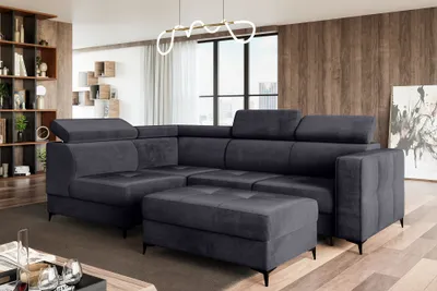 Produktbild von MEBLINI Schlafcouch mit Bettkasten - Ecksofa mit Schlaffunktion - Sofa mit Relaxfunktion und Kopfstützen - Couch L-Form - Eckcouch - Wohnlandschaft - DORIAN - 263x232x89cm Links - Dunkelgrau Samt