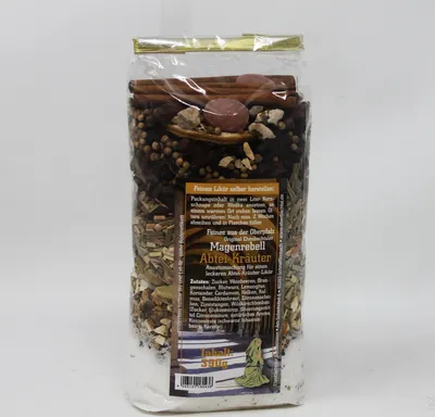 A clear shot of a product bag filled with ingredients, with a label on the front.