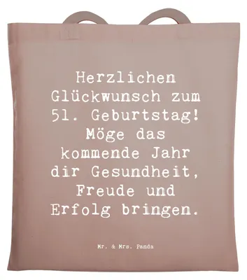 Produktbild von Mr. & Mrs. Panda Einkaufstasche Spruch 51. Geburtstag Freude - Braun Pastell - Geschenk, Stoffbeutel, Meilenstein, herzerwärmender, Geburtstagsgeschenk, Laptoptasche