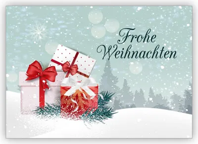 Produktbild von 4x Klassische elegante Weihnachtskarte mit Geschenken und Schnee Landschaft: Frohe Weihnachten