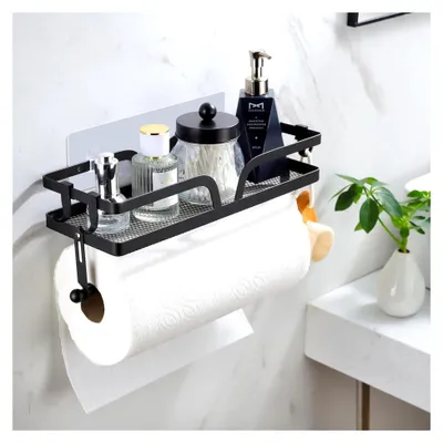 Produktbild von Küchenrollenhalter ohne Bohren mit Gewürzregal - Wandregal Schwarz, 32 cm mit 4 Haken für die Küche