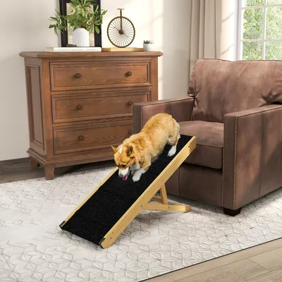 Produktbild von Haustierrampe faltbar 4-stufig, Hundetreppe verstellbar, rutschfest Kiefernholz, Natur | 83,5 x 35 x 47,5 cm | bis 15 kg | 15°–35° Neigung